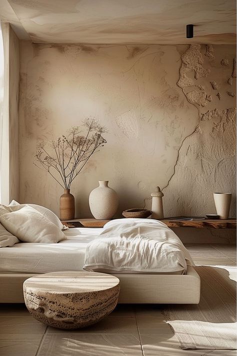 Explore a collection of over 100 designs for achieving serene simplicity in Wabi Sabi bedrooms. Embrace the art of imperfection and organic textures to curate a tranquil sanctuary that exudes warmth and tranquility. Discover the timeless charm of Wabi Sabi with weathered wood furniture and softly worn textiles. #WabiSabiBedroom #SereneSimplicity #TranquilSanctuary Wasabi Bedroom, Boho Tulum Decor, Organic Earthy Interiors, Wabisabi Bedroom, Soft Minimalism Interior, Wabi Sabi Ceiling, Calm Interior Design, Wabi Sabi Modern Interior, Wabi Sabi Interior Bedrooms