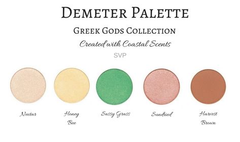 Palette inspired by Greek Goddess Demeter Mythology Olympian Created with Coastal Scents Eyeshadow Greek God Color Palette, Greek Gods Color Palette, Percy Jackson Color Palette, Greek Mythology Color Palette, Demeter Goddess Aesthetic, Demeter Makeup, Goddess Color Palette, Demeter Aesthetic, Greek Goddess Demeter