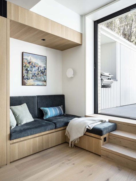 A painting by Rocco Fazzari hangs above the reading nook. The built-in drawers store the kids&#8 Cosy Reading Corner, Cozy Reading Corners, Heritage House, Front Rooms, Diy Sofa, Floor Layout, Kitchen Office, Small Home, Banquette