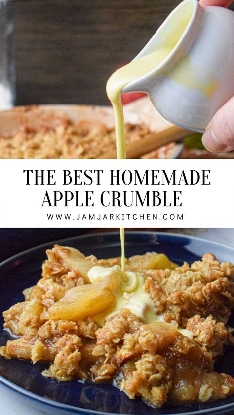 Homemade apple crumble crisp dessert recipe with custard English Crumble Recipe, British Apple Crumble, Apple Crumble With Custard, Bramley Apple Recipe, Bramley Apple Recipes, Best Apple Crumble Recipe, Apple Crumble Recipe Easy, Crumble Recipes, Making Pies