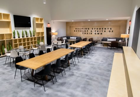 Athens Church — kristin butler design Sunday School Room Design, Church Interior Design Modern, Youth Group Room Ideas, Youth Group Room Design, Church Youth Room Ideas, Youth Room Ideas Church, Modern Classroom Design, Multipurpose Room Design, Contemporary Church Design