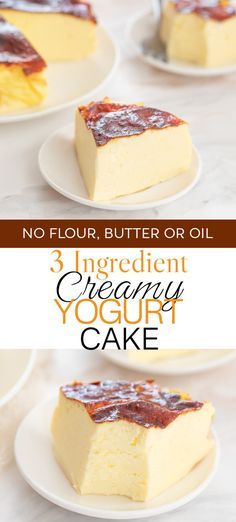 This soft and creamy yogurt cake doesn't require flour, butter or oil. It is just 3 ingredients and is a low calorie and low sugar dessert. Yogurt Cake Healthy, Clean Eating Cake, Easy Healthy Cake, Yogurt Dessert Recipes, Low Sugar Cakes, Low Sugar Yogurt, French Yogurt Cake, Low Calorie Cake, Greek Yogurt Cake