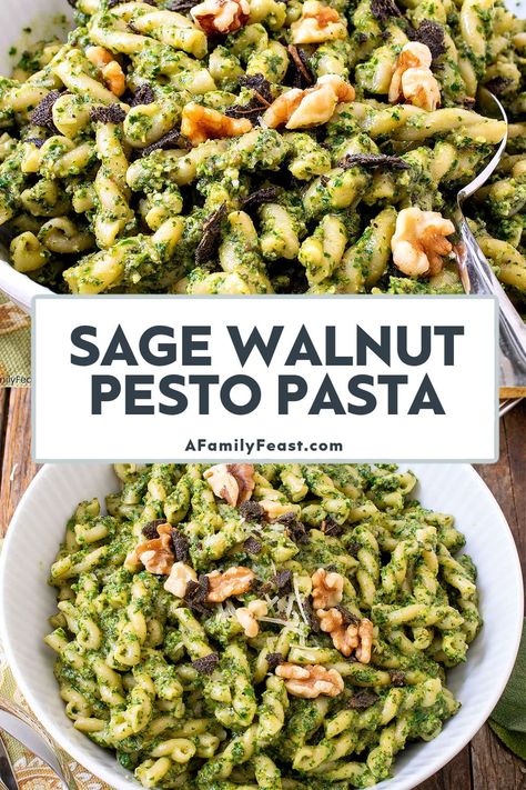 Sage Recipes Vegetarian, Pasta Noodle Types, Walnut Pesto Pasta, Sage Pesto, Family Feast Recipes, Homemade Pesto Recipe, Pasta Party, Walnut Pesto, Fresh Sage