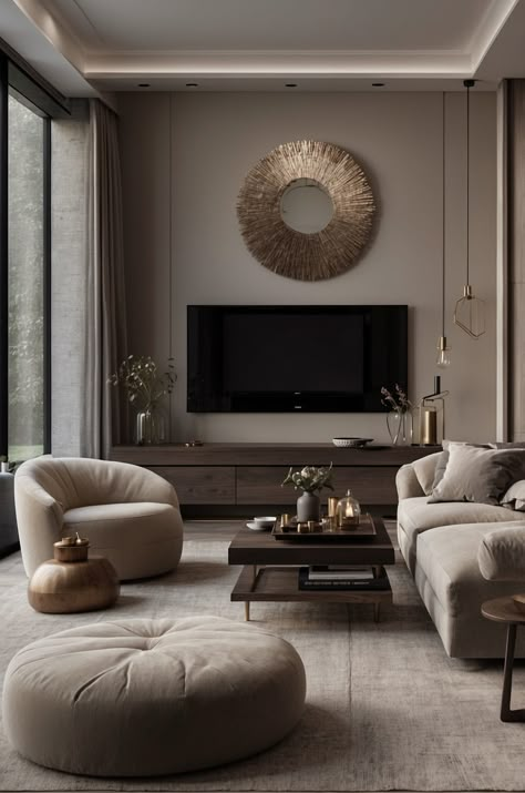 25 Moody Neutral Living Room Ideas » Comfy Ideas Dark Neutral Living Room Modern, Moody Living Room Wall Decor, Taupe Color Living Room, Moody Beige Living Room, Mink Living Rooms, Greige Couch Living Room Ideas, Moody Apartment Living Room, Neutral With Black Accents, Monochromatic Living Room Ideas