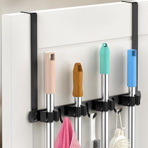 Amazon.com: PrimZooty Broom Holder Over The Door - 304 Stainless Steel Mop and Broom Holder Wall Mounted or Hanging Over The Door with Hooks - Broom Hanger, Broom Storage Tool Organizer for Garage Closet Laundry : Tools & Home Improvement Mop And Broom Holder, Plastic Broom, Broom Storage, Garage Closet, Broom Hanger, Broom Closet, Closet Laundry, Mop Holder, Broom Holder