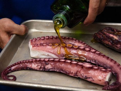 Grilled Octopus With Chili-Herb Oil Recipe How To Cook Octopus Tentacles, Squid Tentacles Recipe, Octopus Tentacles Recipe, Octopus Cooking, Seafood Octopus, Herb Oil Recipe, Octopus Eating, Marinated Fish, Octopus Recipe