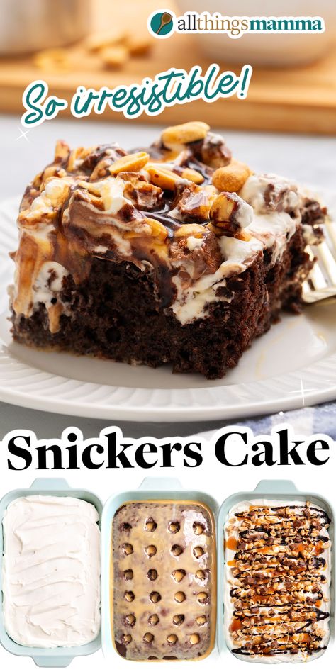 collage image pin showing a serving of Snickers Cake sitting on a white round plate and photos of the steps on how to make Snickers Cake. Desserts With Snickers, Candy Bar Cakes Recipes, Candy Bar Poke Cake, Snicker Poke Cake, Snicker Bar Cake, Snickers Poke Cake Recipe, Cakewalk Cakes Ideas, Cake Walk Recipes, Snicker Candy Bar Recipes