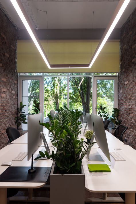 A Restaurant Office Gets A Makeover With Greenery + Natural Materials Tropical Office Design, Tropical Speakeasy, Tropical Office Decor, Green Office Design, Terrace Office, Modern Office Design Inspiration, Tropical Office, Office Decor Workplace, Office Fitout