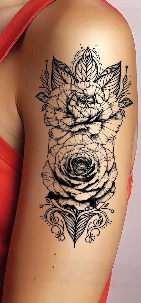 Carnation and Rose Flower Tattoo - Ornamental Style,  on ArtStation at https://www.artstation.com/artwork/qeWmOz Carnation And Rose Tattoo Design, Rose And Chrysanthemum Tattoo, Carnation And Rose Tattoo, Rose And Carnation Tattoo, Rose Hold, Rose Flower Tattoo, Carnation Flower Tattoo, A Rose Tattoo, Carnation Tattoo