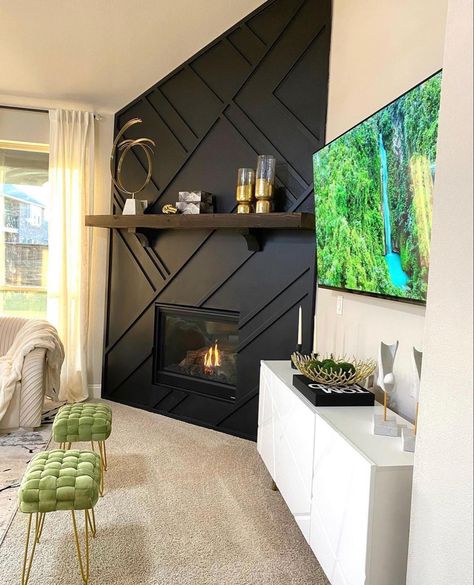 Black Wall With Fireplace, Black Accent Wall Living Room Fireplaces, Living Room Wall With Fireplace, Accent Wall With Fireplace And Tv, Fireplace Paneling Wall, Fireplace Focal Point, Black Fireplace Wall, Basement Redesign, Fireplace Accent Walls