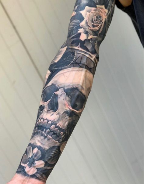 Cowboy Oc, Forearm Cover Up Tattoos, Skull Rose Tattoos, Outside Light, Full Tattoo, Background Elements, Skull Sleeve, Realistic Tattoo Sleeve, Skull Sleeve Tattoos