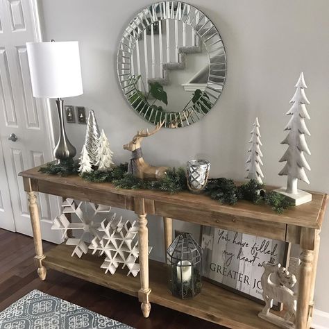 Winter Sideboard Decor, Sofa Table Behind Couch Christmas Decor, Sofa Table Behind Couch Christmas Decor Ideas, Entertainment Center Decor Christmas, Couch Table Christmas Decor, Christmas Hall Table Decor, Christmas Decor For Sofa Table, Christmas Decor Sofa Table, Kitchen Table Christmas Decor Ideas