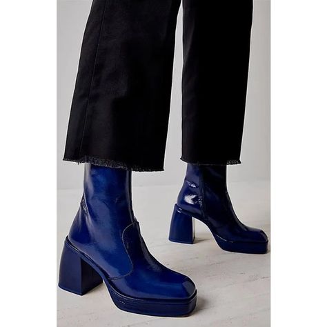 Blue Gogo Boots, 2024 Clothes, Boots 2024, Blue Block Heels, Retro Boots, Shiny Boots, Blue Ankle Boots, Clothes Wishlist, Retro Future