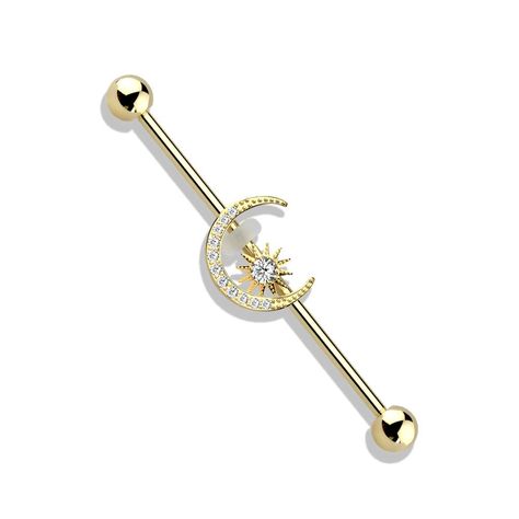 PRICES MAY VARY. STYLE: CZ Crystal Paved Crescent Moon and Star Industrial Barbell MATERIAL: 316L Stainless Steel, Brass, Cubic Zirconia Crystals and Plated with 14kt Gold and Rhodium as Applicable GAUGE/BAR THICKNESS: 14GA (1.6mm) BARBELL LENGTH: 1 1/2" (38mm) INCLUDES: Two Clear O-Rings to Hold the Moon in Place Industrial Bar Earring, Industrial Bar Piercing, Industrial Piercing Jewelry, Barbell Piercing, Industrial Barbell, Industrial Piercing, Industrial Bar, Gold Moon, Moon And Star