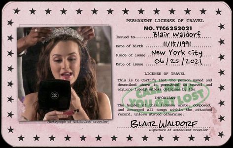 made by me @parfaitlace ♡ྀི no reposts personal use only!! gossip girl blair waldorf leighton meester call me if you get lost pink lq id card aesthetic #blair #pink #blairwaldorf #y2k #idcard #callmeifyougetlost #pinterest #instagram #aesthetic #lq #2000s #fashion #tv #iconic #gossipgirl #fashion #chanel #leighton #leightonmeester #itgirl Id Card Aesthetic, Gossip Girl Blair Waldorf, Prom Posters, Chica Dark, Card Aesthetic, Pink Macbook, Gossip Girl Blair, Powerpoint Tutorial, Custom Ipad