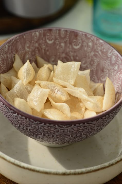 Air Fryer Rice Paper Pop Chips: A Healthy Air fryer snack - mytastycurry.com Baked Samosa, Celiac Recipes, Crispy Chips, Guilt Free Snacks, Light Snacks, Air Fryer Healthy, Recipes Appetizers And Snacks, Cooking Basics, Indian Cooking