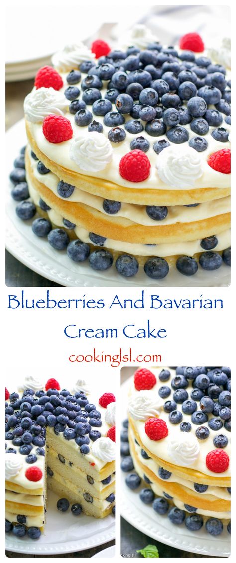 blueberry-bavarian-cream-yellow-layer-cake-summer Homemade Bavarian Cream, Bavarian Cream Cake Recipe, Bavarian Cream Cake, Blueberries Cake, Bavarian Cream Filling, Moist Yellow Cake, Moist Yellow Cakes, Cream Cake Recipe, Bavarian Cream