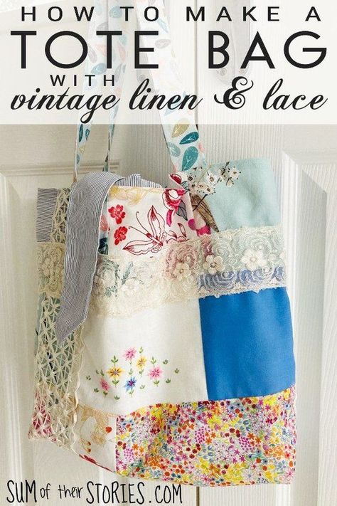 A pretty patchwork tote bag with lace Fabric Stash Buster, Linen Projects, Sew Crafts, Pretty Tote Bags, Broderie Simple, Patchwork Tote Bags, Bag Embroidery, Vintage Tote Bag, Fabric Tote