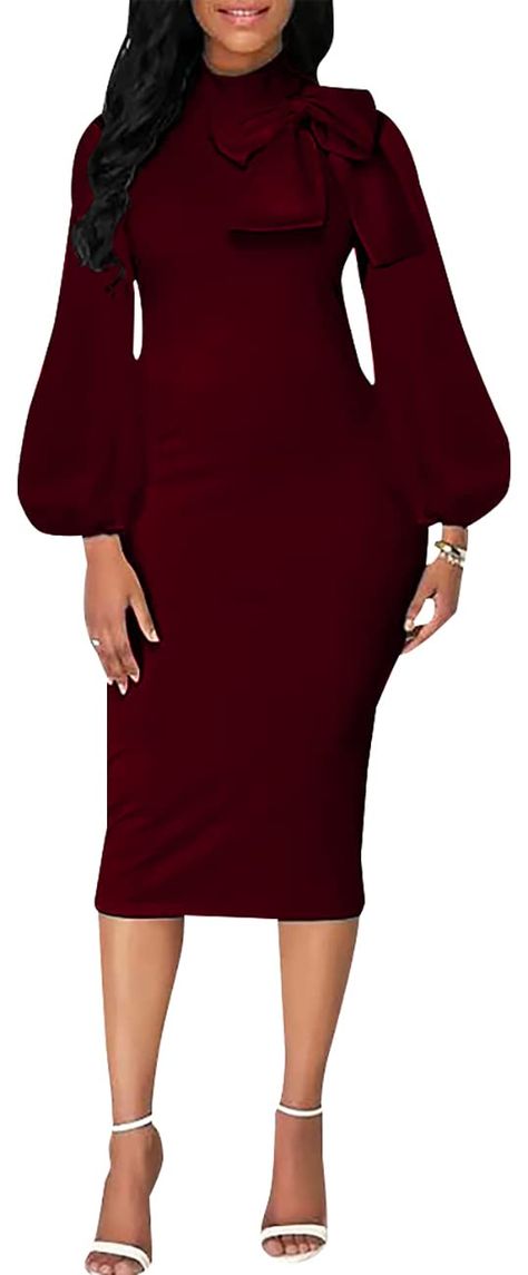 PRICES MAY VARY. Feature: Long Sleeve, Bow Knot, Solid Color, unique sexy midi dress. Exquisite tailoring can better show your charm and elegant. This dressy dress make you shining, eye-catching and outstanding. Breathable & Stretched Material: This Sexy Long Sleeve Dress for women is made of high-quality fabric that contains premium polyester and spandex. The material is breathable and soft, has good stretch, lightweight fabric. Simple, Sexy & Elegnt Style – Every woman should not miss this bea Long Sleeve Pencil Dress, Elegant Cocktail Dress, Wear To Work Dress, Work Dresses For Women, Church Dresses, Elegant Dresses For Women, Bow Knot, Burgundy Dress, Business Dresses