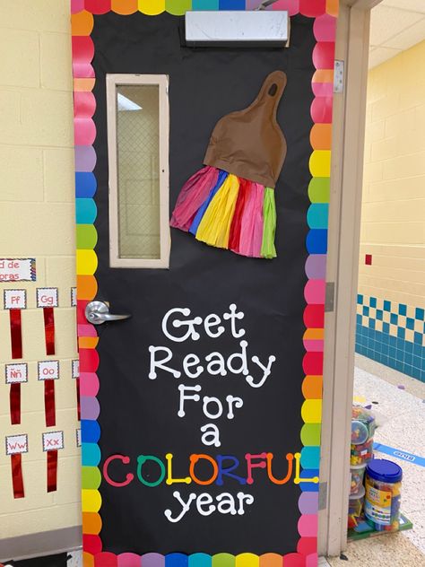 Welcome Preschool Door Ideas, School Door Painting Ideas, Paintbrush Bulletin Board Ideas, Open House Art Ideas, Prek Back To School Door Ideas, Colorful Door Decorations Classroom, Classroom Decor Door Ideas, Paint Theme Classroom Decor, Classroom Art Wall Ideas