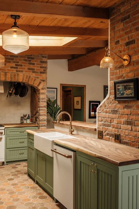 Brick Wall Kitchen, Vinyl Window Trim, Sage Green Kitchen, Brick Kitchen, Bungalow Homes, Green Kitchen Cabinets, Brick Backsplash, Green Cabinets, Brick Flooring