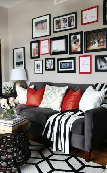 75 Delightful Black & White Living Room Photos | Shutterfly Black White Red Living Room Ideas, Gallery Wall Black And White And Color, Black White And Red Home Decor, Black White And Red Living Room, Red Couches Living Room Decor, Red And Black Room, Black And Red Living Room, Red Couch Living Room, Red Living Room Decor