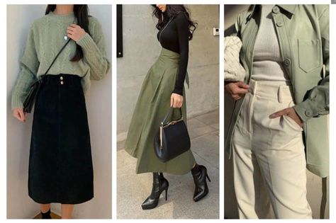 Perfect Colors To Match With Sage Green Clothing Green Pairing Color Outfit, Color Combo For Green, Sage Green Blouse Outfit, Sage Outfits Color Combos, Green Clothes Combination, Sage Green Cardigan Outfit, Sage Green Outfit Color Combos, Green Color Combinations Outfit, Sage Green Clothes