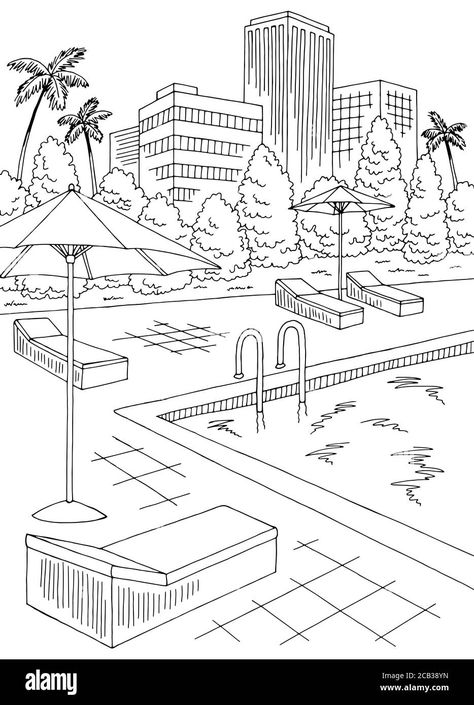 Download this stock vector: Swimming pool big hotel graphic black white vertical landscape sketch illustration vector - 2CB38YN from Alamy's library of millions of high resolution stock photos, illustrations and vectors. Hotel Drawing Illustration, Swimming Sketch, Pool Sketch, Hotel Sketch, Swimming Pool Drawing, Pool Changing Room, Pool Tattoo, Pool Illustration, Pool Drawing