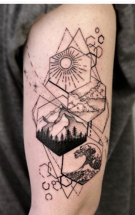 Triangle Mountain Tattoo Geometric Art, Mens Adventure Tattoo, Geometric Outdoor Tattoo, Horizon Tattoo Minimalist, Adrenaline Tattoo Ideas, Five Elements Tattoo, Elements Tattoo Design, Mountains Tattoo Design, Geometric Tattoo Men