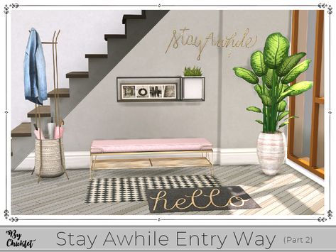 Sims 4 — Stay Awhile Entry Way (Part 2) by Chicklet — The Stay Awhile Entryway set is perfect for creating a warm and Lanai Patio, Barn Table, Sims Freeplay Houses, Wall Shelves Bedroom, Storage Cubby, Free Sims 4, Christmas Bathroom, Sims 4 Downloads, Sims 4 Cc Furniture