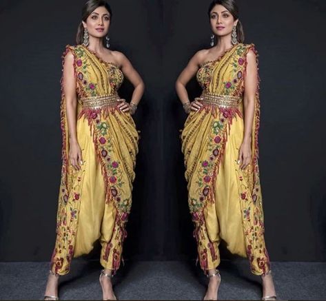 shilpa shetty yellow shoti saree Garba Look, Dhoti Dress, Navratri Outfits, Stylish Saree, Dhoti Saree, Navratri Dress, Shilpa Shetty, Saree Blouse Patterns, Designer Saree Blouse Patterns