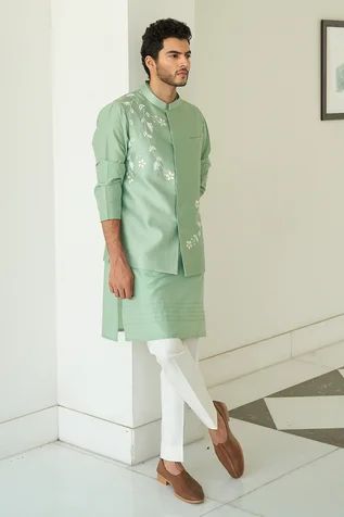 Shop for Contrast By Parth Green Silk Embroidered Bundi And Kurta Set for Men Online at Aza Fashions Engagement Hairstyle, Kurta Designs Men's, Mint Green Jacket, Bedroom Cabinet, Kurta Pajama Men, Wedding Kurta For Men, Boys Kurta Design, Gents Kurta Design, Gents Kurta