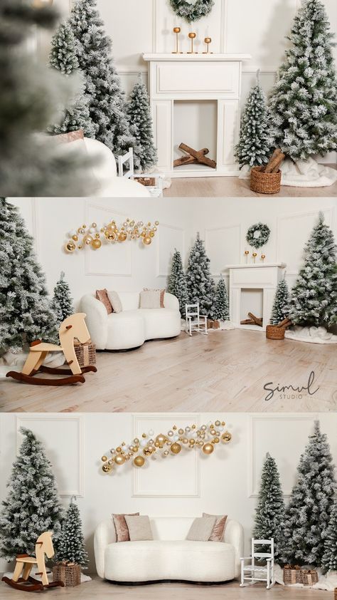 Studio Photography Christmas, Christmas Studio Decor Ideas, Xmas Studio Photo Ideas, Green Couch Christmas Photos, Christmas Sets Photography, Christmas Photography Studio, Christmas Set Up Photography, Christmas Decor Photography, Photo Studio Christmas