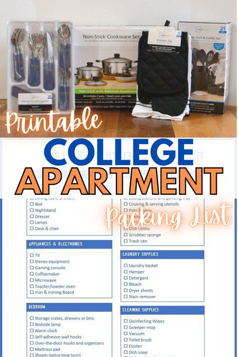 Moving out of the dorms and into an apartment is exciting. Make sure you have everything you need with this college apartment packing list. #collegeapartment #packinglist #printable #freeprintable Bedroom Packing List, Apartment Packing List, Collage Apartment, Boy Apartment, Moving List, College Packing Lists, College Packing, College Bedroom, Printable Activities For Kids