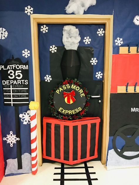 3d Christmas Classroom Door Ideas, Christmas Door Contest Winners, 3d Christmas Door Decorating Contest, Polar Express Door Decorating Contest, Christmas Movie Door Decorating Contest, Polar Express Door, Holiday Classroom Doors, Winter Door Decorations Classroom, Hospital Christmas