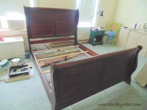 Sleigh Bed Makeover and Master Bedroom Progress Wood Sleigh Bed Bedroom Ideas, Brown Sleigh Bed Decor Bedroom Ideas, Sleigh Bed Decor, Bedroom Ideas Sleigh Bed, Diy Sleigh Bed Makeover, Painted Sleigh Bed Ideas, Bedroom With Sleigh Bed, Sleigh Bed Ideas, Bedroom Sleigh Bed