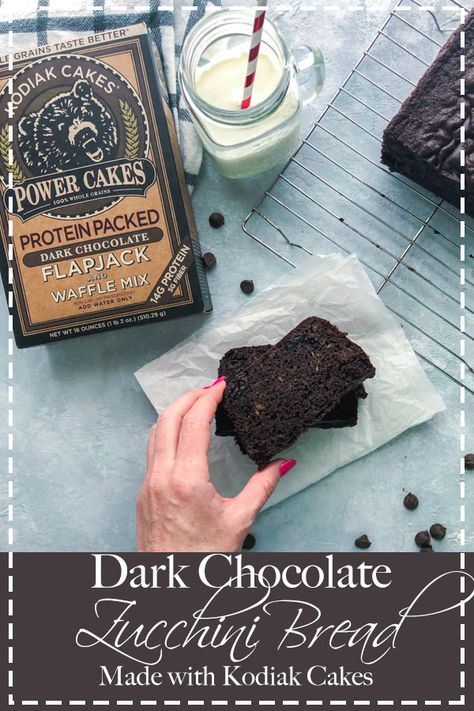 Kodiak Cakes Dark Chocolate Zucchini Bread is equal parts healthy and indulgent. Easy to make and deliciously moist & chocolatey! Dark Chocolate Zucchini Bread, Kodiak Cakes Recipe, Chocolate Flapjacks, Chocolate Zucchini Bread, Hazelnut Cake, Kodiak Cakes, Salty Cake, Chocolate Zucchini, Zucchini Bread