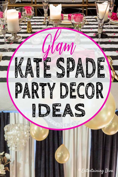 These Kate Spade themed party decor ideas are awesome! I love all of the pink and gold details with the black and white stripes. Perfect for a bachelorette party, bridal shower or baby shower. #entertainingdiva #partyideas #partydecor #partydecorations Kate Spade Party Decorations, Pink Chair Covers, Gold Chair Covers, Kate Spade Inspired Party, Pink And Gold Decorations, Kate Spade Party, Easy Party Decorations, Party Decor Ideas, Kate Spade Inspired