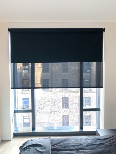 Black Windows With Roller Shades, Black Window Shades Roller Blinds, Black Solar Shades, Window Treatments Roller Shades, Windows Shades Ideas, Black Out Blinds For Windows, Black Out Shades Bedrooms, Blackout Blinds For Windows, Motorized Window Treatments