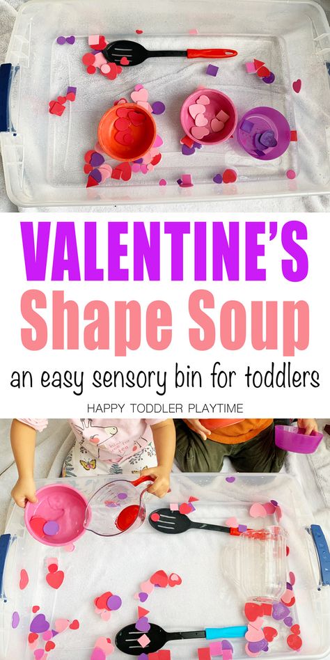 Valentine's Shape Soup Sensory Bin - HAPPY TODDLER PLAYTIME  Here is a fun and easy shape soup sensory bin for Valentine’s Day that makes the perfect way for toddlers and preschoolers to practice and learn their shapes and colors. Valentines Toddler Activities, Preschool Valentines Activities, Valentine Sensory, Toddler Valentine Crafts, February Crafts, Crafts For Toddlers, Valentine's Day Crafts For Kids, Toddler Sensory, Preschool Valentines