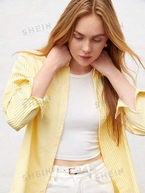 SHEIN BIZwear Women's Vertical Striped Long Sleeve Shirt | SHEIN USA Yellow Striped Shirt Outfit, Yellow Tops For Women, Longsleeves Outfit, Ootd Yellow, Stripped Outfit, Yellow Shirt Outfit, Outfits With Striped Shirts, Yellow Striped Shirt, Long Sleeves Polo