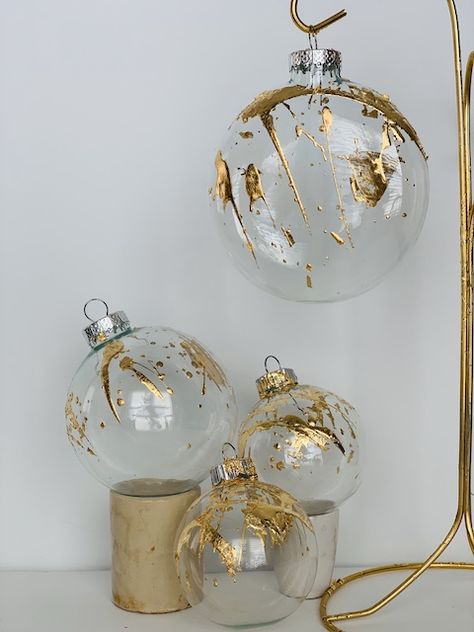 Diy Gold Leaf Ornaments, How To Package Ornaments To Sell, Diy High End Ornaments, Make Ornaments Diy, Tinsel Ornaments Diy, Classy Diy Christmas Ornaments, Diy High End Christmas Ornaments, Diy Christmas Ornament Gifts, Clear Glass Ornaments Diy