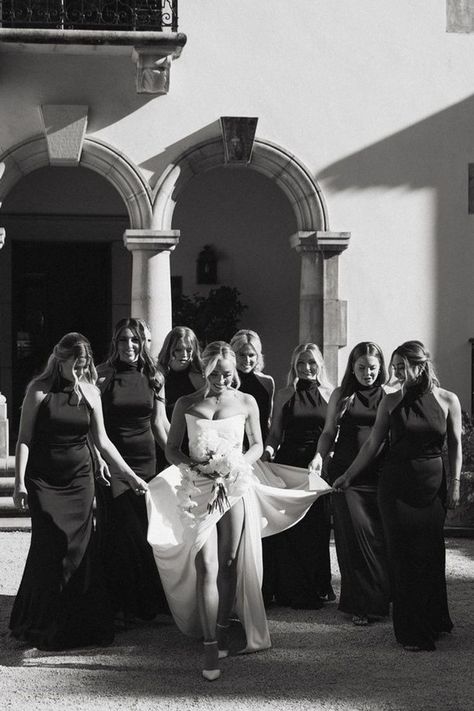 A black and white wedding 🖤☁💍✨🥂 my bridesmaids looked absolutely perfect in the dress I got the pleasure of designing with @azazieofficial I love how it turned out - Classy, timeless and elegant! The ‘Delaney’ black halter bridesmaid dress is now available to shop! Delaney Childs, Long Veil Wedding, Party Pics, Halter Bridesmaid Dress, Photos Poses, Black And White Wedding, Wedding Photos Poses, Classic Wedding Dress, Wedding Veil