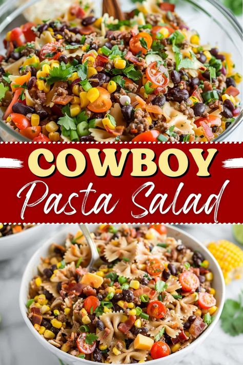 Cowboy pasta salad will be the hit of your next potluck! Packed with ground beef, bacon, bowtie pasta, corn, beans, cheese, and tomatoes, it's hearty and delicious. Pasta Salad Shrimp, Cowboy Pasta Salad, Salad Southwest, Cowboy Pasta, Cowboy Recipes, Southwest Pasta, Cowboy Salad, Southwest Pasta Salad, Recipes Spaghetti