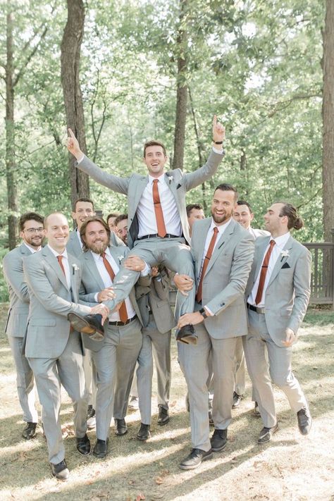 Grey Suit With Copper Tie, Grey And Rust Wedding Party, Grooms Tux Fall Wedding, Cinnamon And Grey Wedding, Copper Eucalyptus Wedding, Light Grey Suit Fall Wedding, Grey Suit With Rust Tie, Fall Wedding With Grey Suits, Fall Wedding Grey Suits