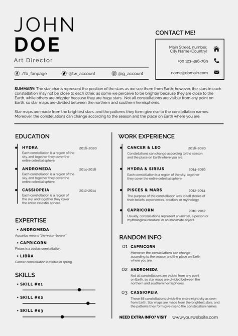 Professional Minimalist John Doe Art Director Resume Director Resume, Menu Maker, Presentation Maker, Invitation Maker, Photo Collage Maker, Social Media Schedule, John Doe, Star Chart, Sticker Maker