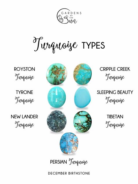 Turquoise stone types | Custom made turquoise jewelry set | The origin of turquoise can be identified by the patterns on each stone, which is why turquoise names are often directly linked to the name of the mining location. Turquoise is often assessed by its webbing patterns and textures, which is the dark brown to black matrix around the blue areas. #gardensofthesun #birthstone #decemberbirthstone Types Of Turquoise Stones, Torquise Crystals Meaning, Turquoise Gemstone Meaning, Turquoise Tattoo Stone, What To Wear With Turquoise Jewelry, Turquoise Stone Tattoo, Turquoise Meaning Stones, Turquoise Crystal Meaning, Tourquise Stone