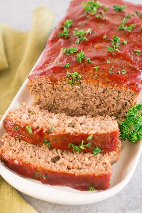 Meatloaf Recipe - How To Make Meatloaf - Delicious Meets Healthy 1 Pound Meatloaf Recipe, Lipton Onion Soup Recipes, Onion Soup Mix Meatloaf, Meatloaf Glaze Recipe, Lipton Onion Soup Meatloaf Recipe, Onion Soup Meatloaf Recipe, Lipton Onion Soup Meatloaf, Pb Recipes, Canned Milk