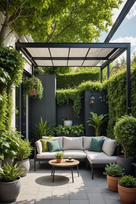 Parking Garden Design, Modern Small Patio Ideas, Small Contemporary Garden, Small Garden Corner Ideas, Minimalist Patio Ideas, Outdoor Sitting Area Ideas, Tiny Patio Ideas, Sitting Area Ideas, Townhouse Backyard Ideas