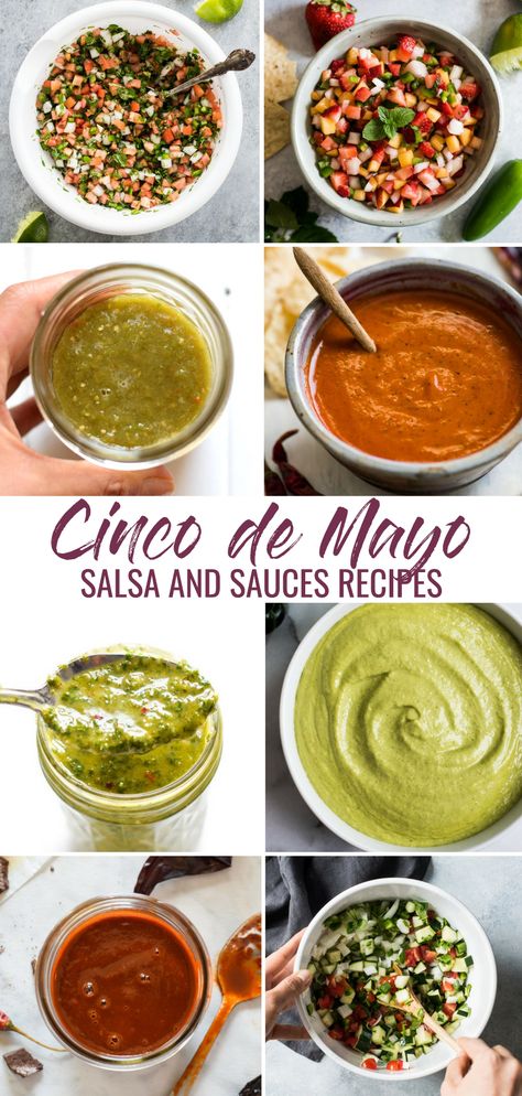 Cinco de Mayo Salsa and Sauces | Whether it's for serving on top of tacos or eating with tortilla chips, salsas are one of the best things about Mexican cuisine! Sometimes sweet, sometimes spicy, sometimes salty, always delicious. #cincodemayo #mexican #salsa Mexican Sauce Recipes, Taco Sauce Recipes, Mexican Party Food, Mexican Salsa Recipes, Mexican Buffet, Tacos Mexicanos, Brazilian Samba, Mexican Sauce, Mexican Salsa